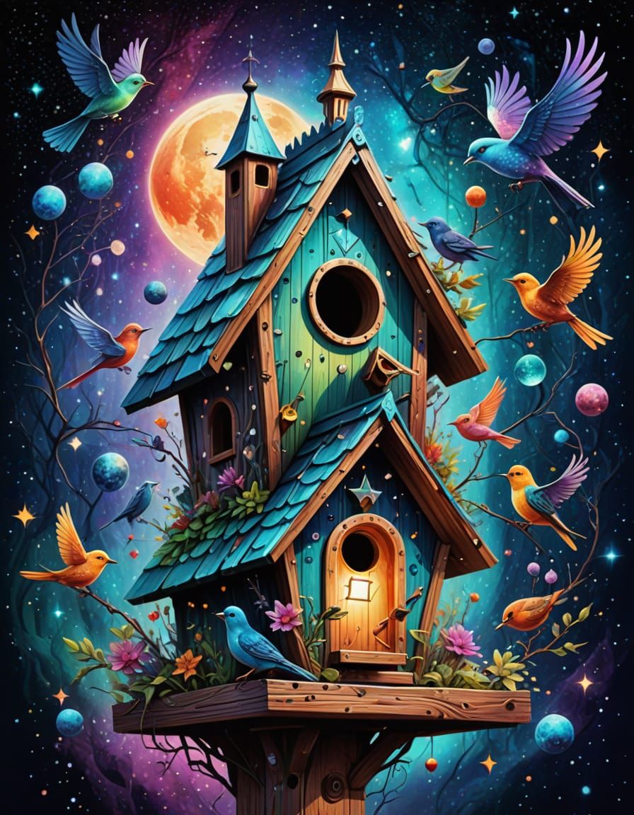 Astral Birdhouse: Holographic Cosmic Illustration