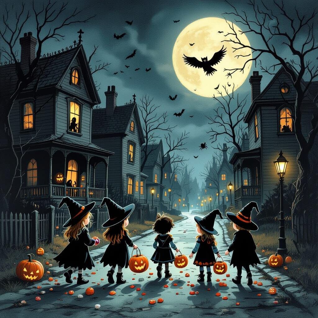 Children Trick-or-Treating on Eerie Halloween Night