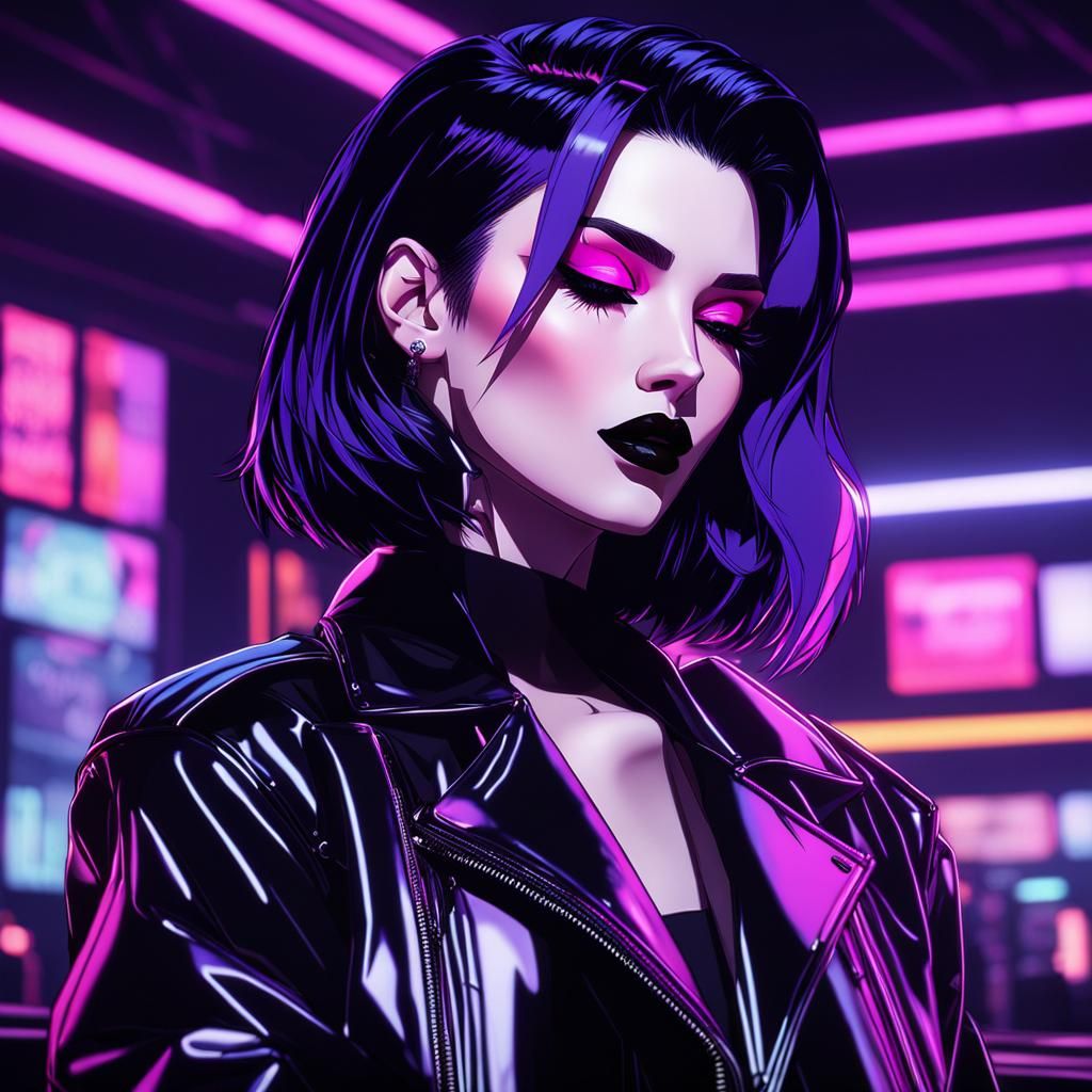Goth Girl in Club, Nagel-Style Anime Portrait