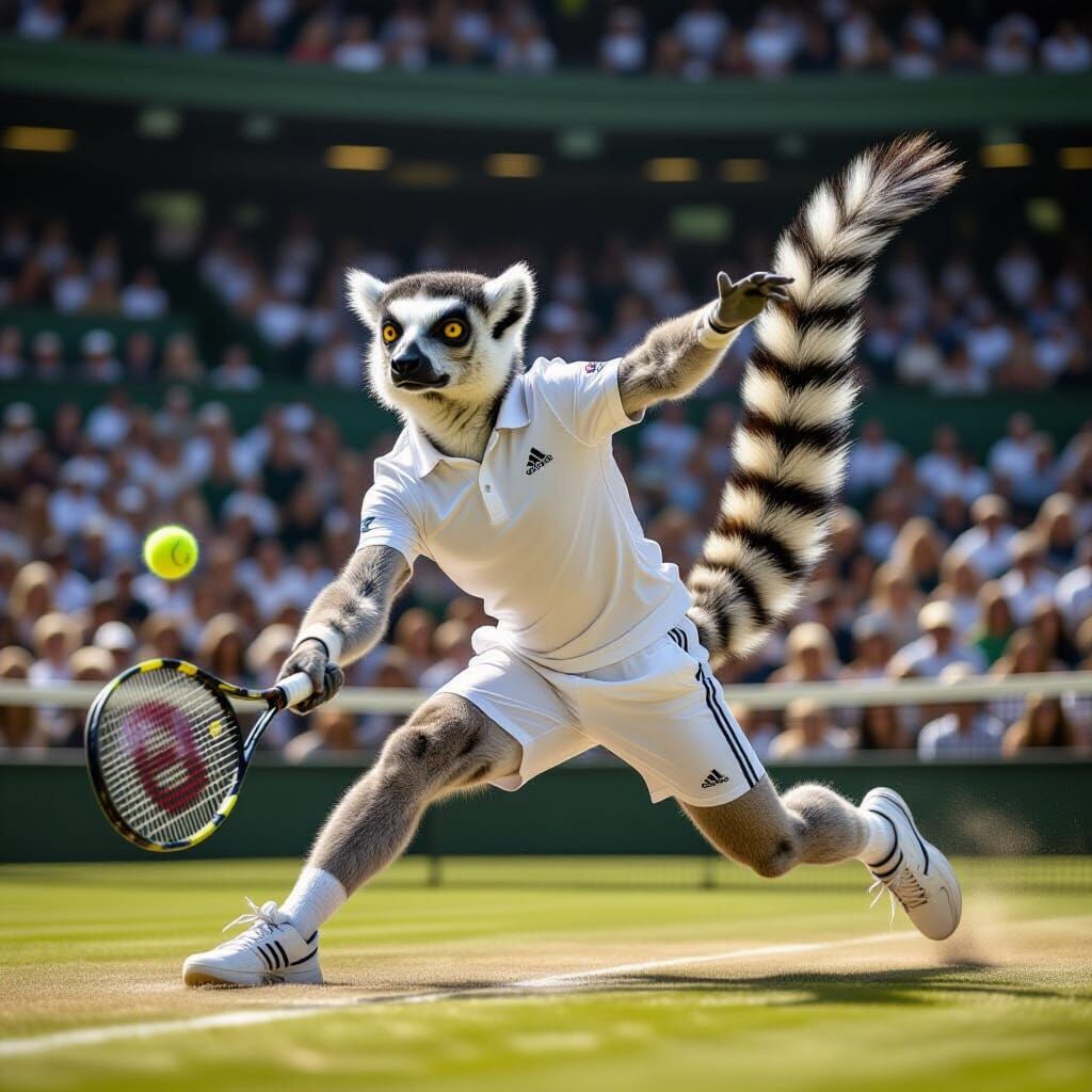 Lemur Playing Tennis at Wimbledon in Hyper-Realistic Style