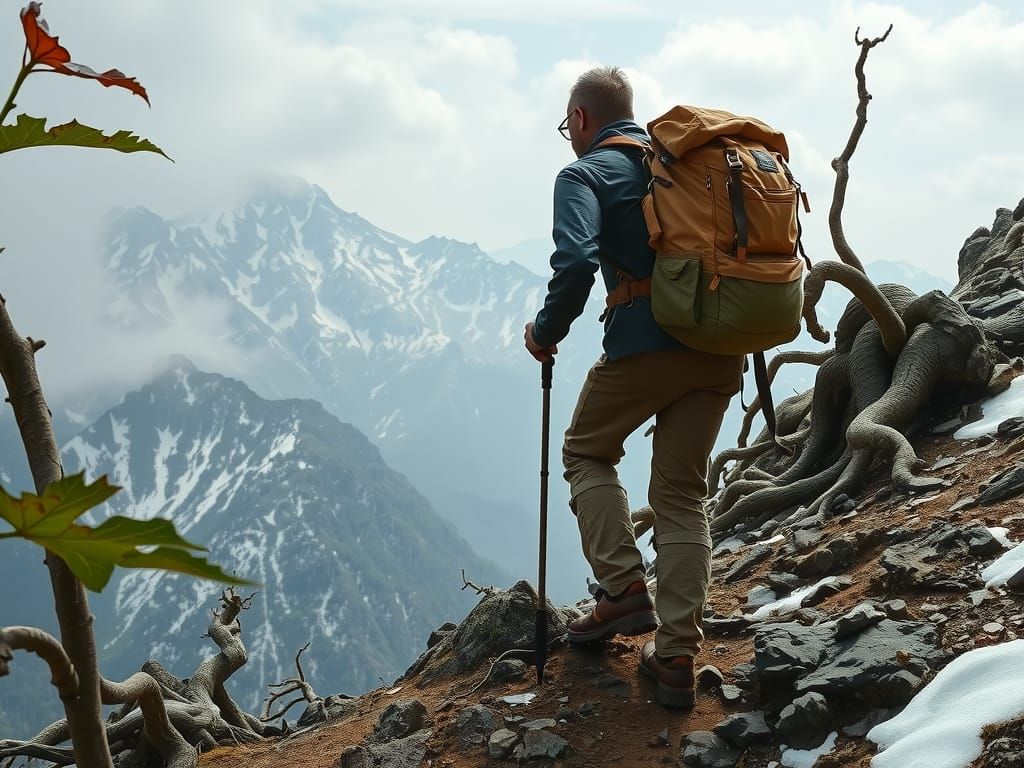 Hiker on Mountain in Dark Romantic Style