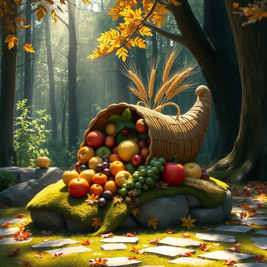 An overflowing cornucopia rests on a moss-covered stone alta...