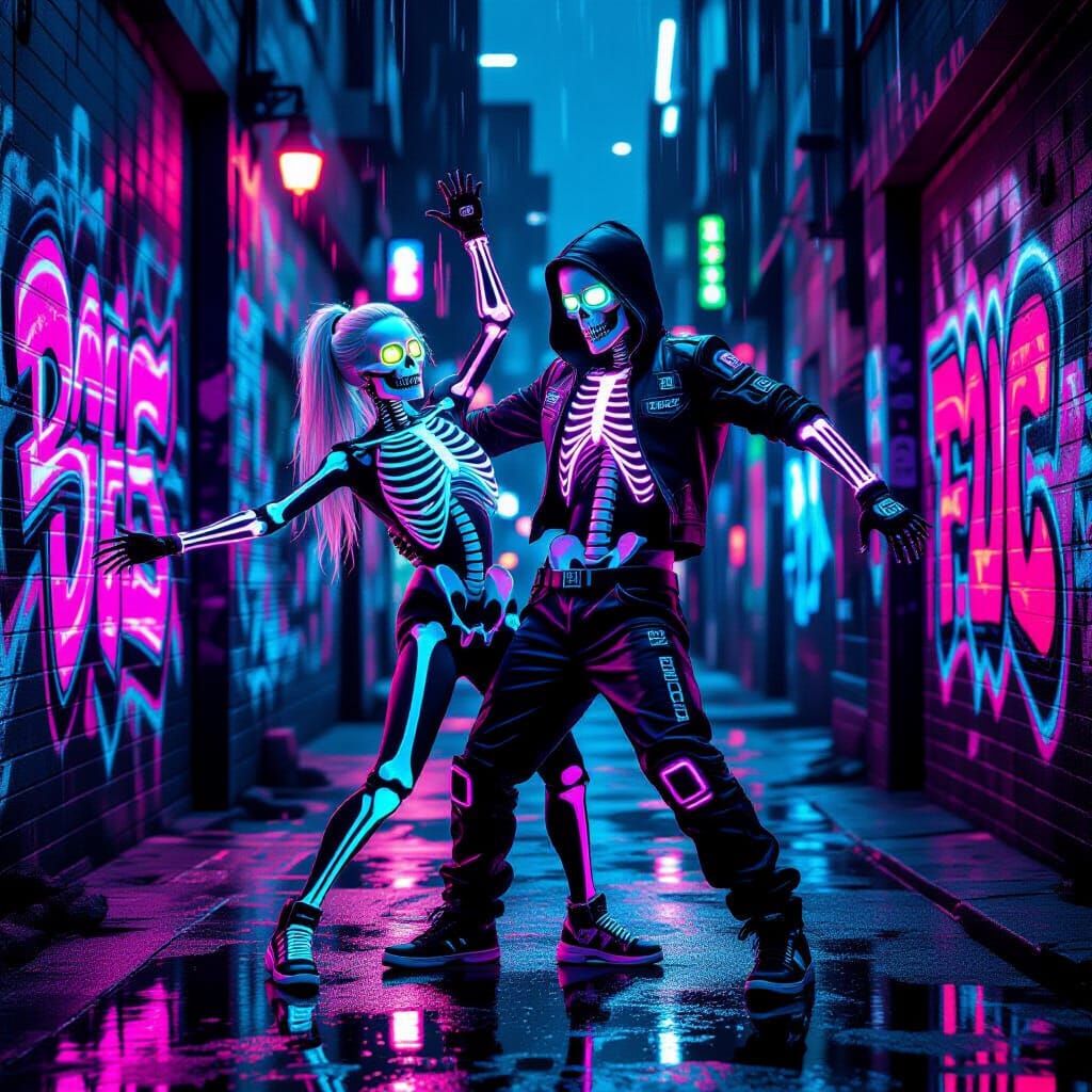Cyberpunk Couple Breakdancing in Neon Alley