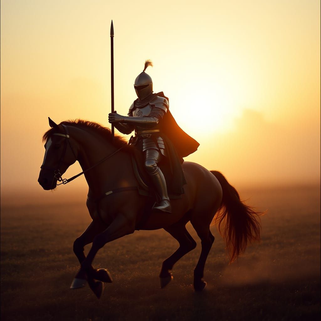 Epic Knight and Steed Charging into Sunrise Battle