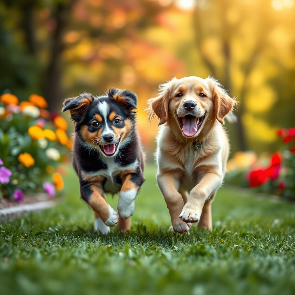 Joyful Playtime Between Australian Shepherd and Golden Retri...