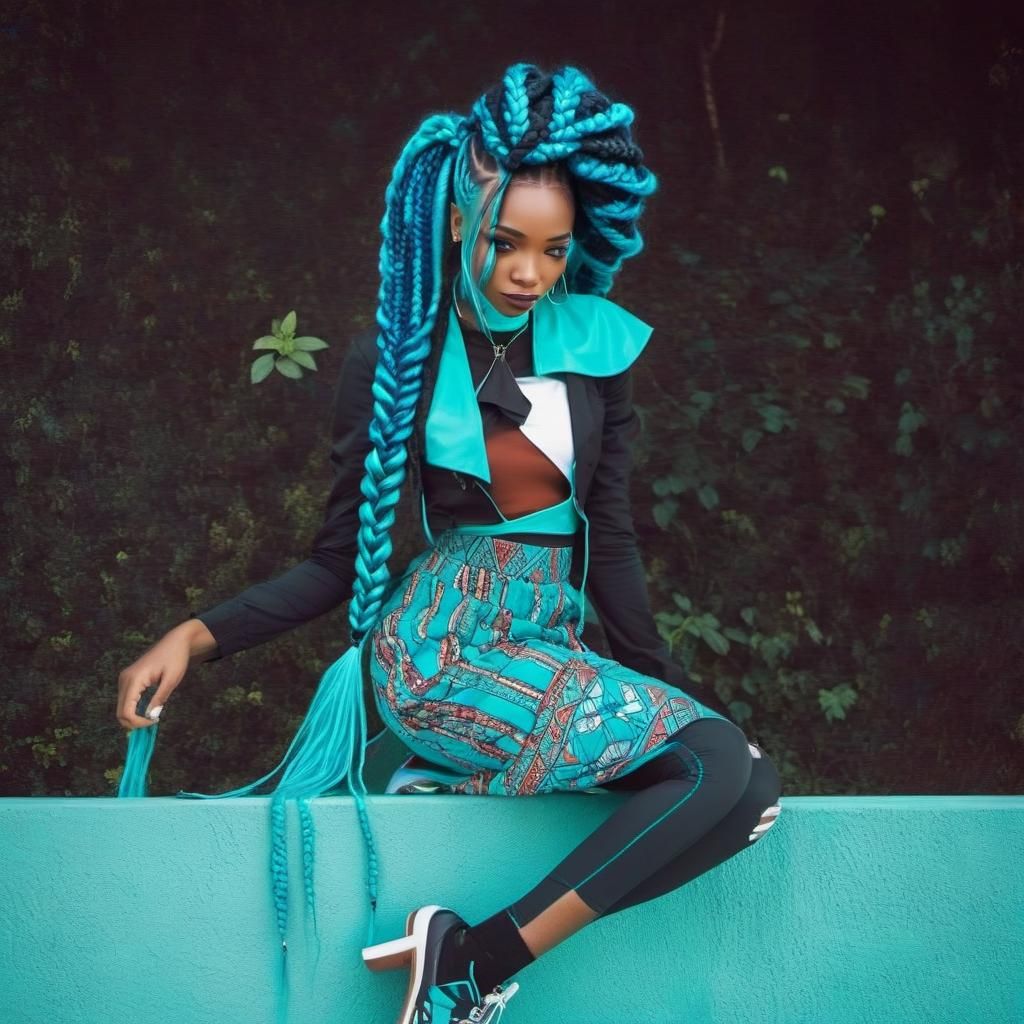 Black Girl with Blue Braids in Turquoise Sarafan
