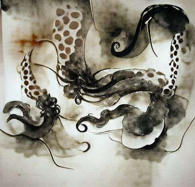 Abstract Tentacles in Sumi-e Ink Wash Style