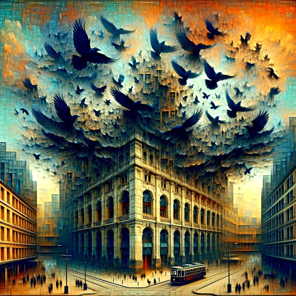 Surreal Dystopian Cityscape with Dissolving Building and Rav...