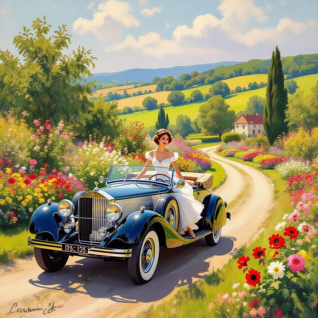 Graceful Woman Exits Vintage Car in Impressionist Garden