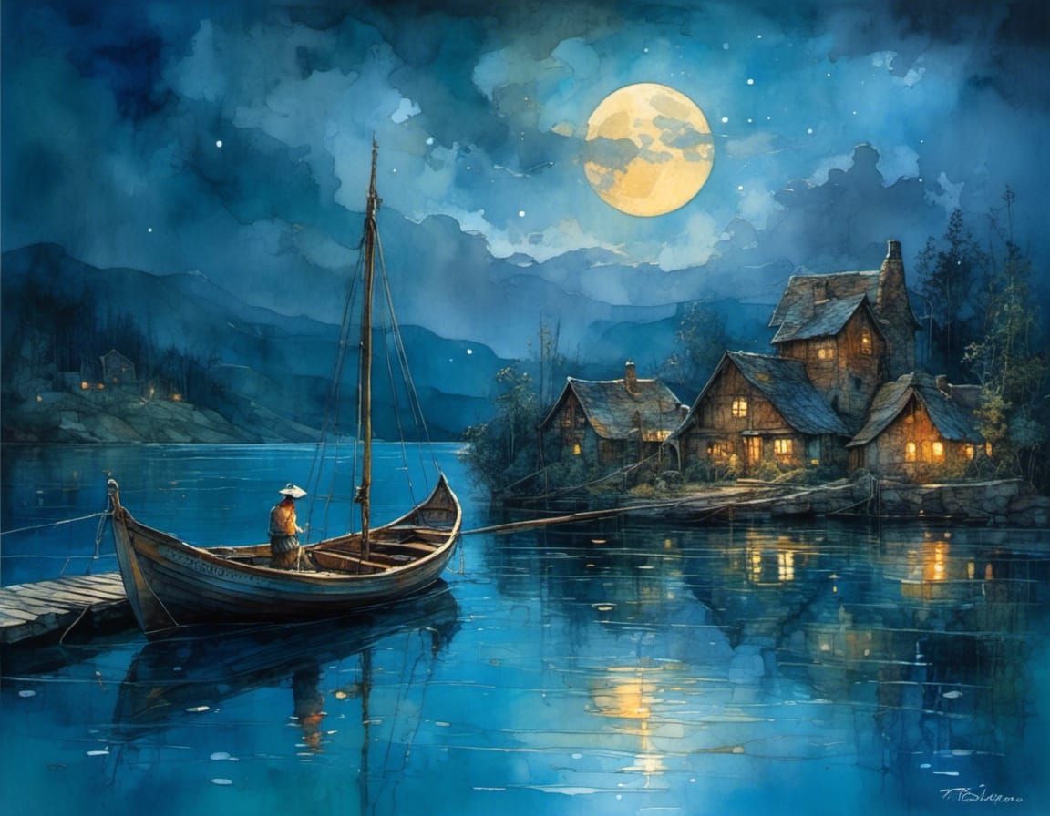 Moonlit Village Watercolor Illustration