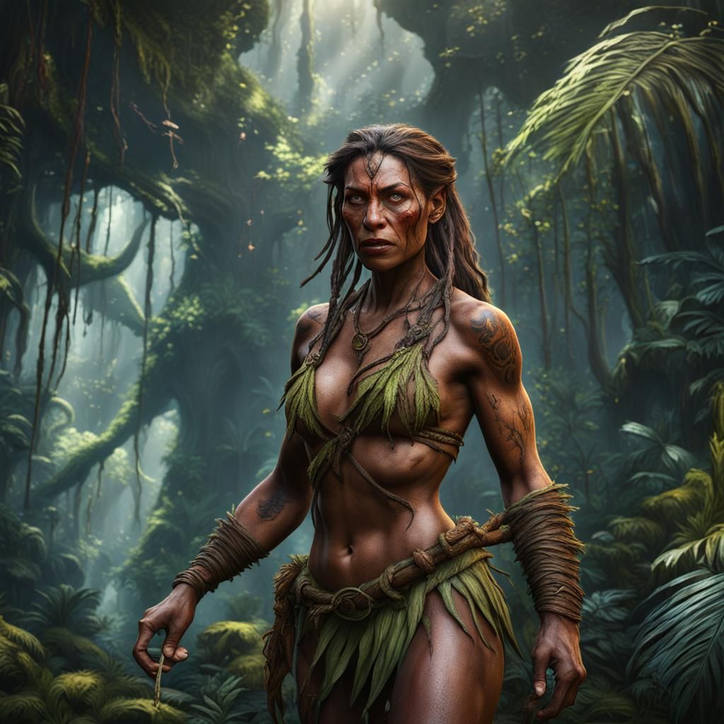 Female Tarzan in Jungle, Detailed Fantasy Art