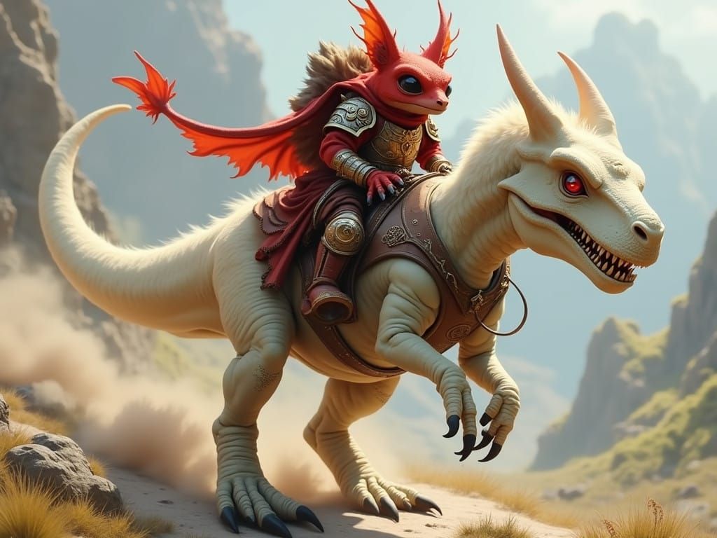 Majestic Red Kobold Rides Furry White Velociraptor in Crimso...