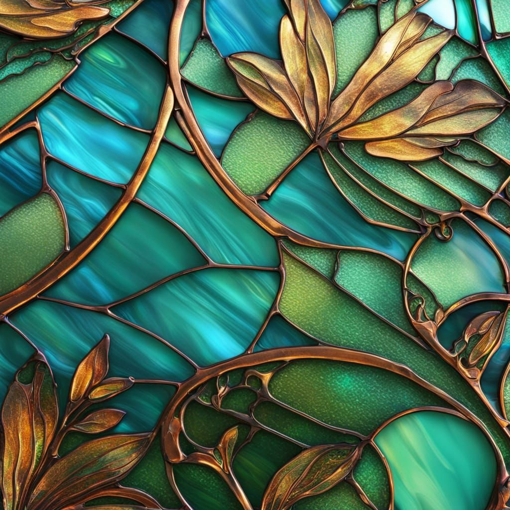 Art Nouveau Turquoise Leaded Glass Landscape