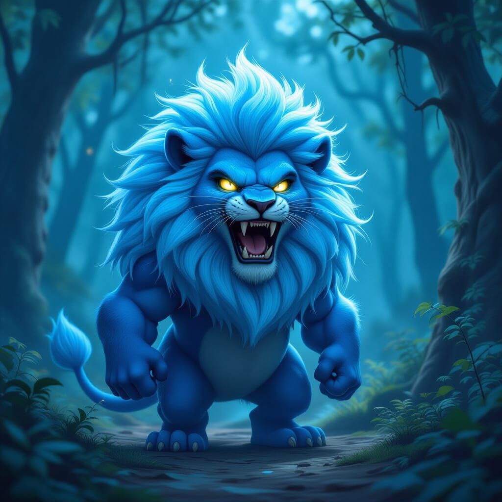 Fantasy Creature: Smurf-Lion-Beast Hybrid in Enchanted Fores...