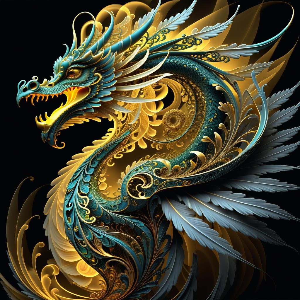 Daisy Dragon with Fractal Feathers in Gothic Style