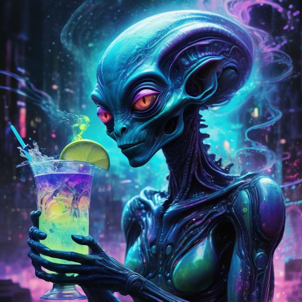 Iridescent Alien with Glowing Drink in Vexel Art Style