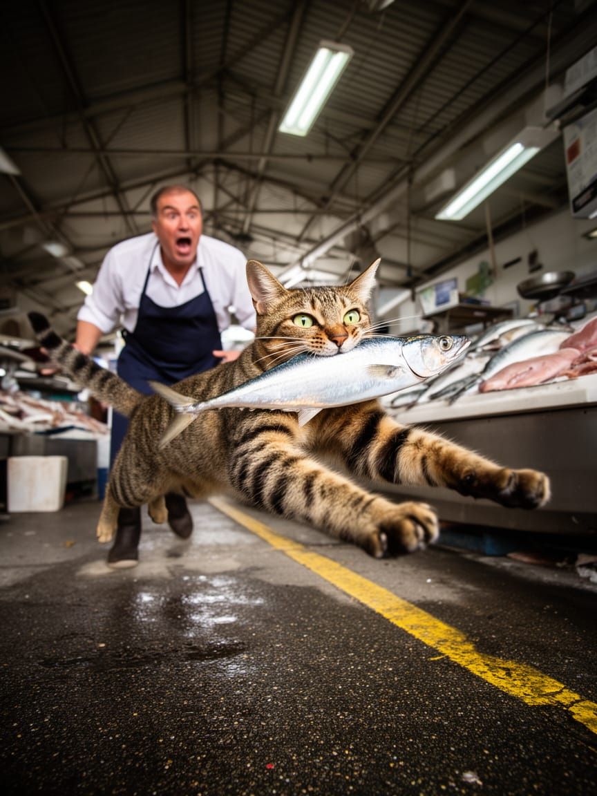 Cat Steals Fish in Humorous Market Scene