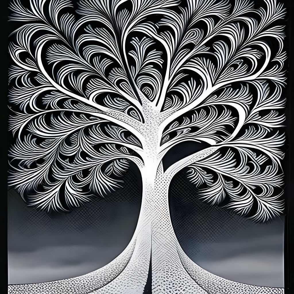 Intricate Celtic Tree in Black and White Art Nouveau Style