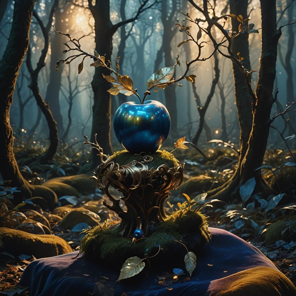 Glowing Golden Apple in Mystical Forest, Fantasy Art