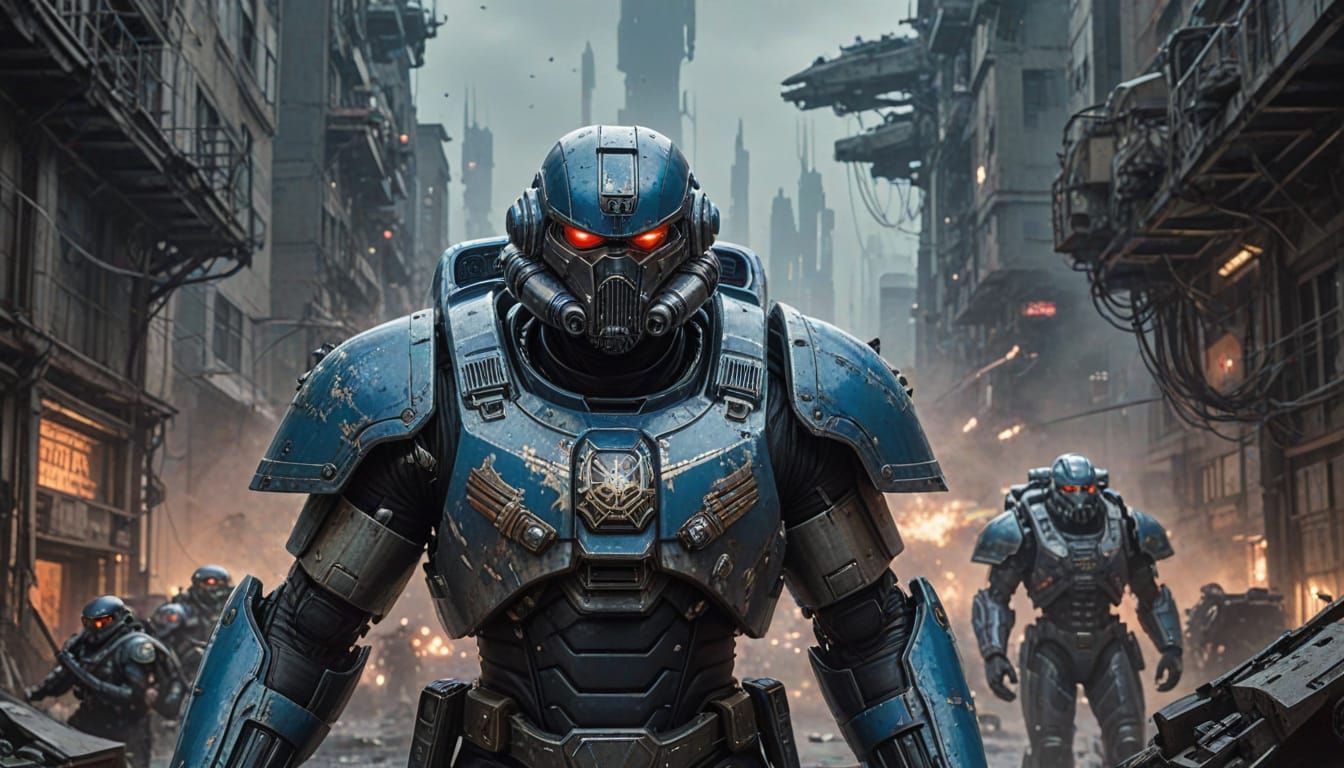Cyberpunk Space Marine Commander in Dystopian Metropolis