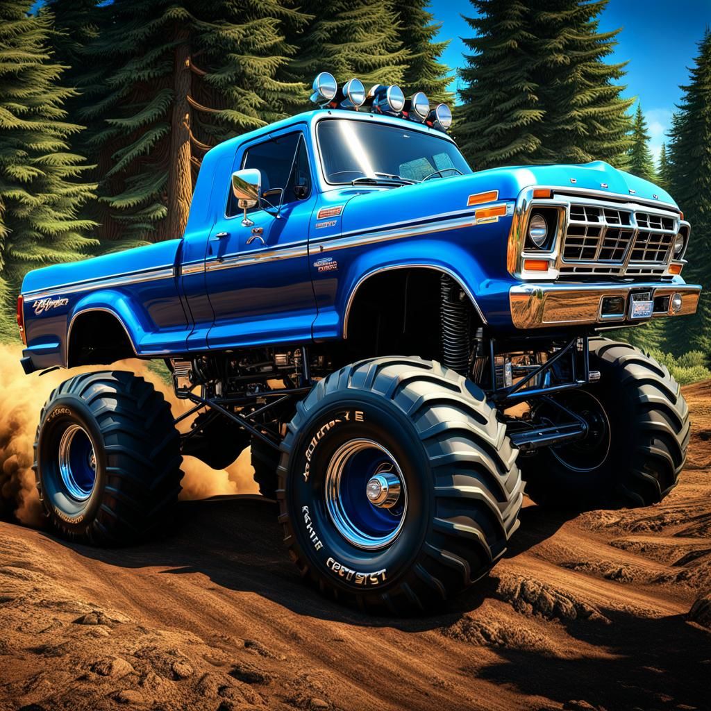 1976 Ford Truck, monster truck, blue, (text"BIGFOOT") on the drivers door