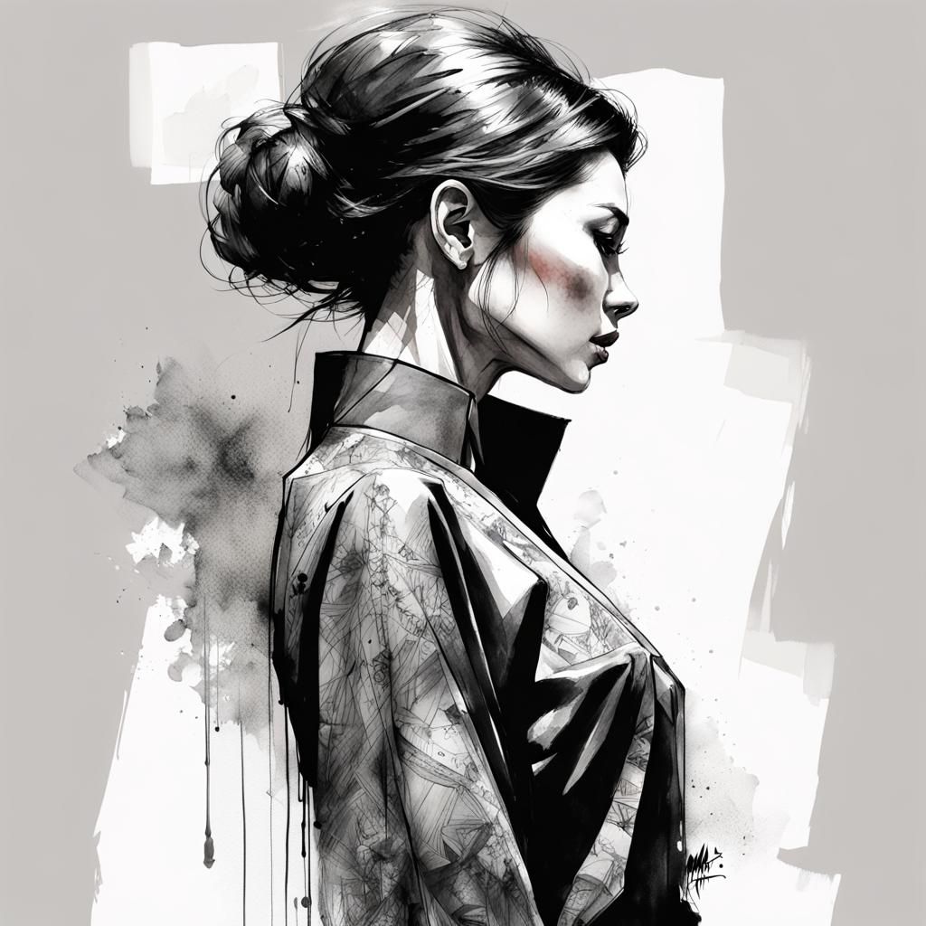 Ink drawing of a  woman mafia boss, side profile, moden ao Dai, full body, Peter Draws, digital illustration, comic styl...
