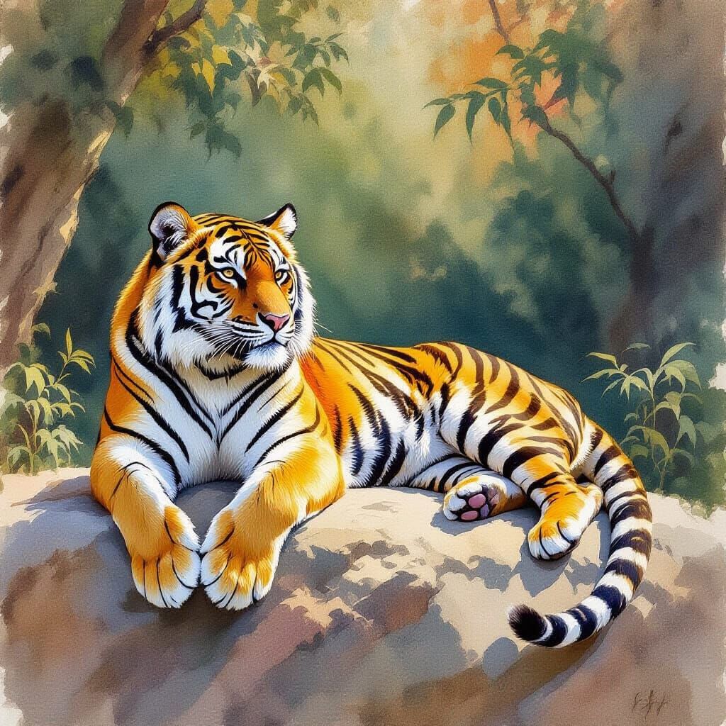 Majestic Bengal Tiger in Sun-Dappled Watercolor
