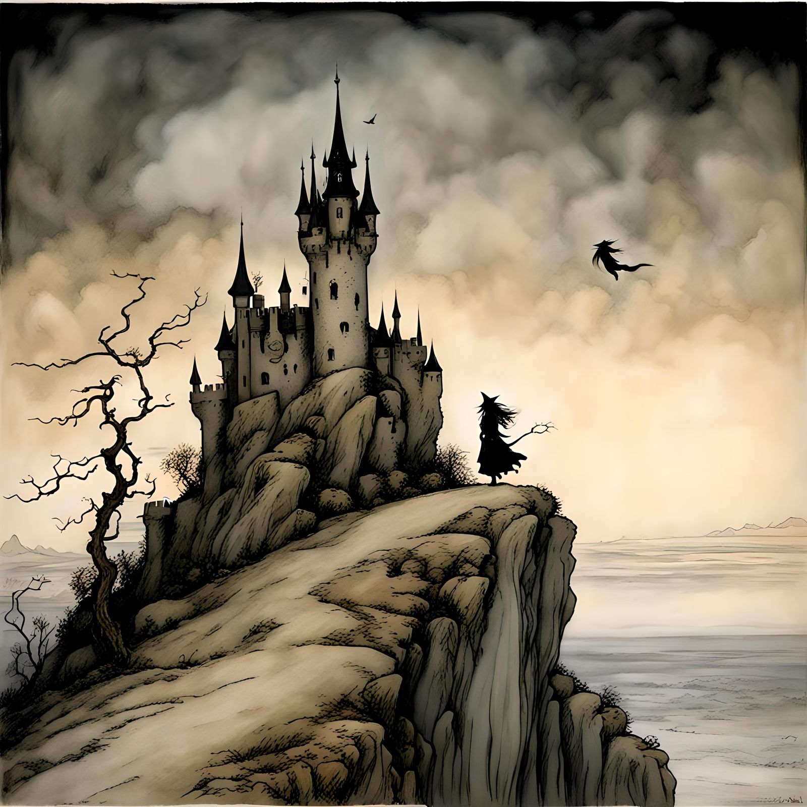 Witch and cat, background castle on a high cliff,  by arthur...