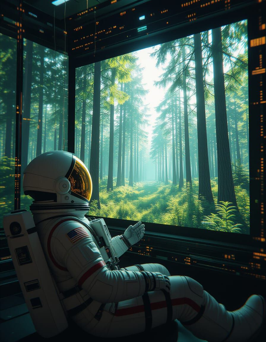 Astronaut Finds Forest Solace in Glitchy Hologram