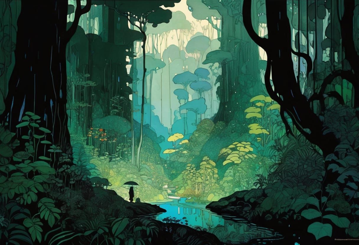 Vibrant Rainforest Line Drawing in Art Nouveau Style