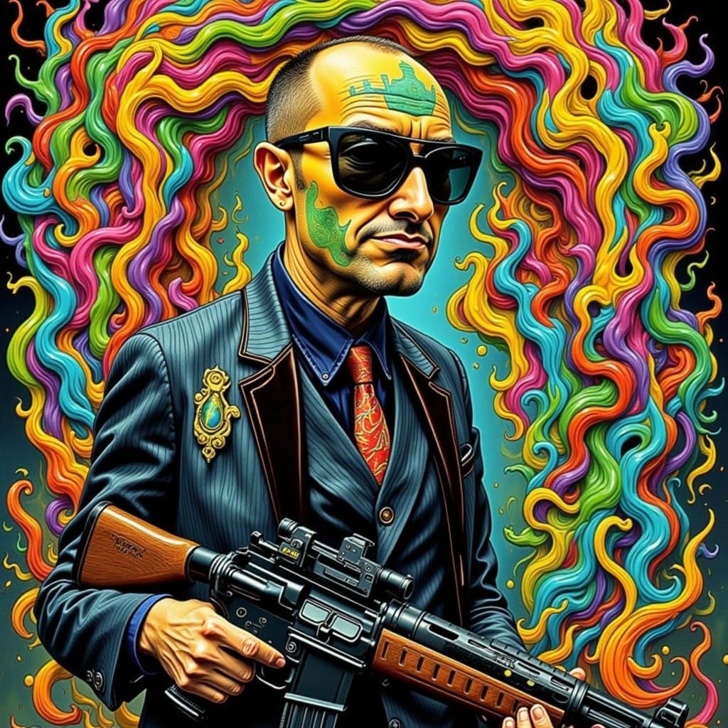 Cyberpunk Figure Armed with AK 47 in Neon-Drenched Landscape