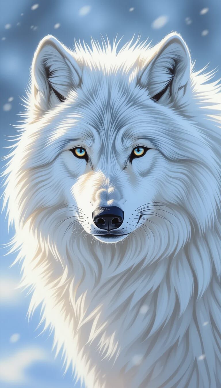White Wolf Fur Close-Up: Digital Art in Breeze