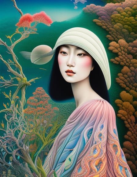 Mountain Landscape with Female Figure in Fashion Art Style