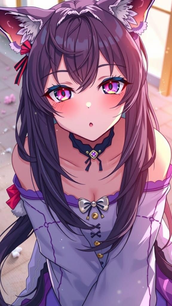 Surreal Anime Girl in Purple with Cat Ears and Tail