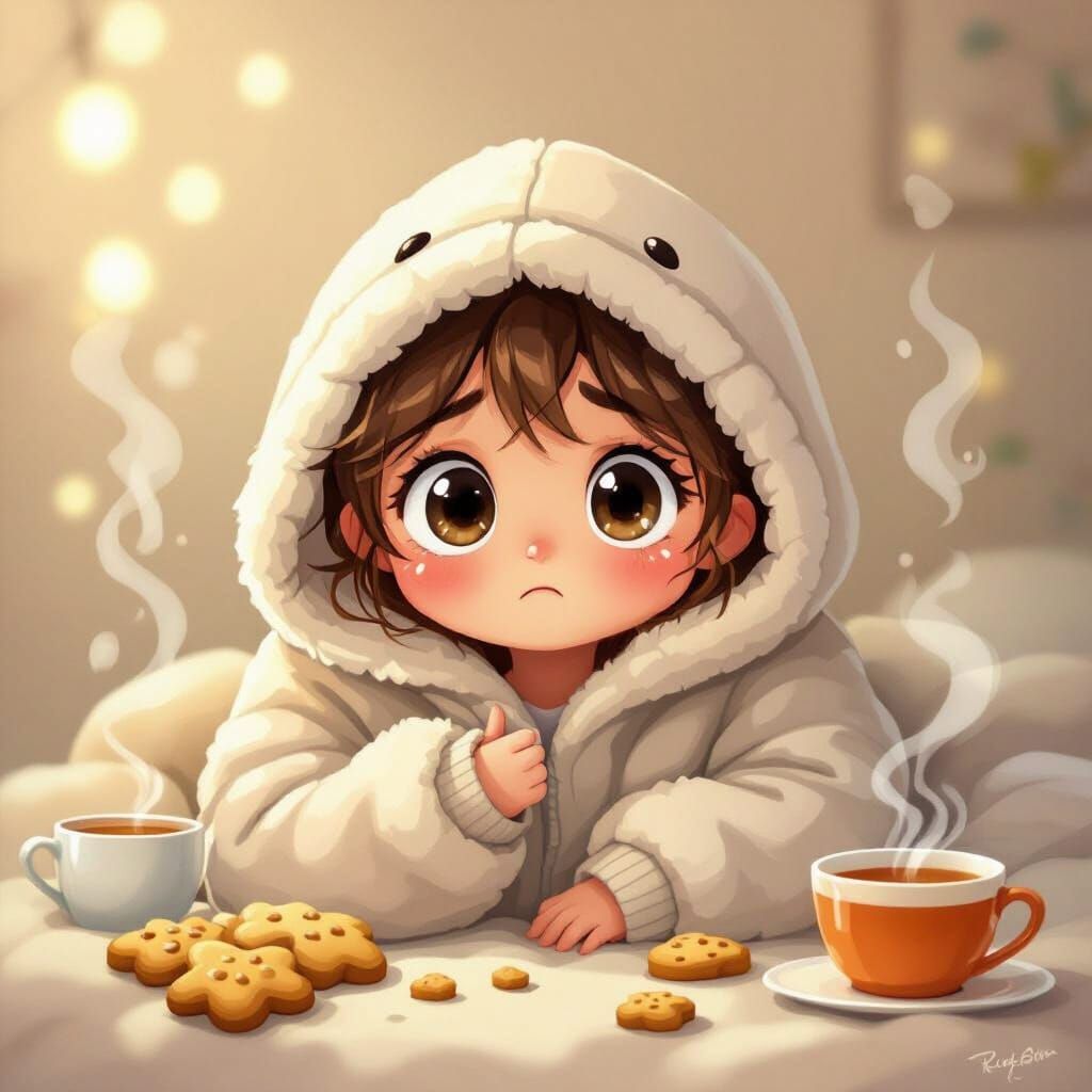 Anxious Cartoon Character Hides in Hoodie Shell