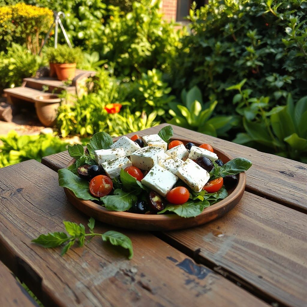 Impressionist-Style Rustic Goat Cheese Salad on Wooden Table