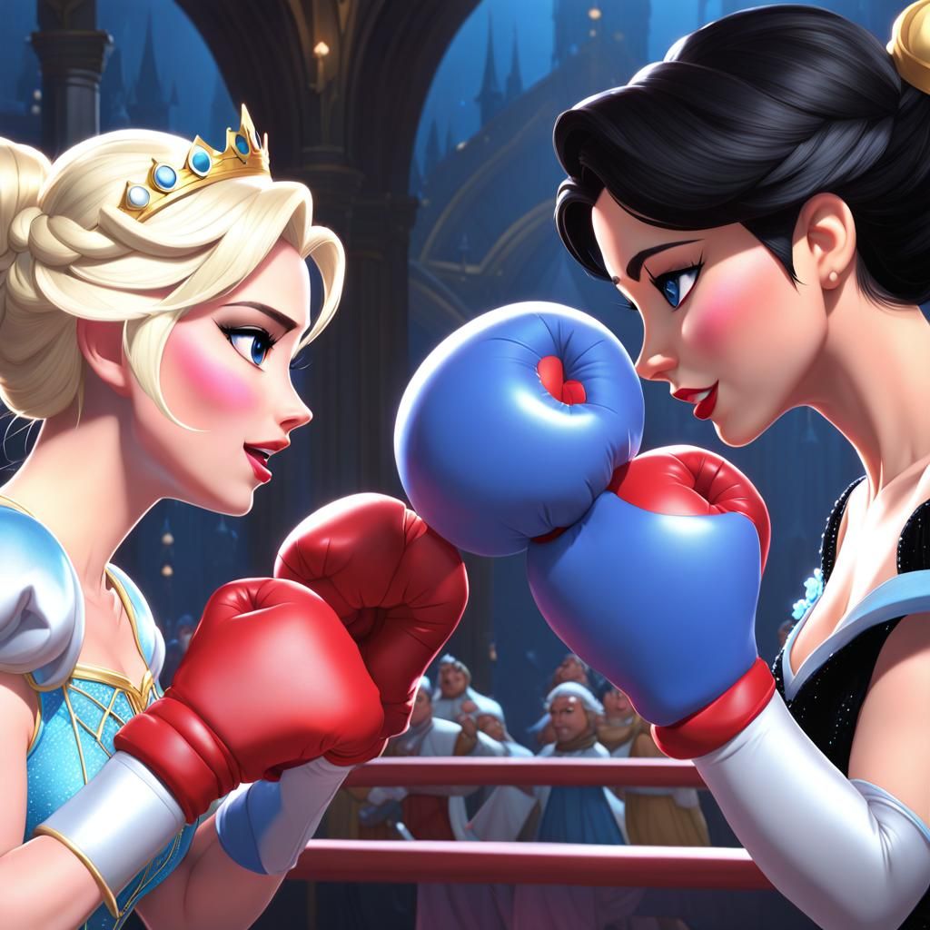 Elsa ; "Stop the Fight ! Snow White is cheating, there's something else in those gloves!"