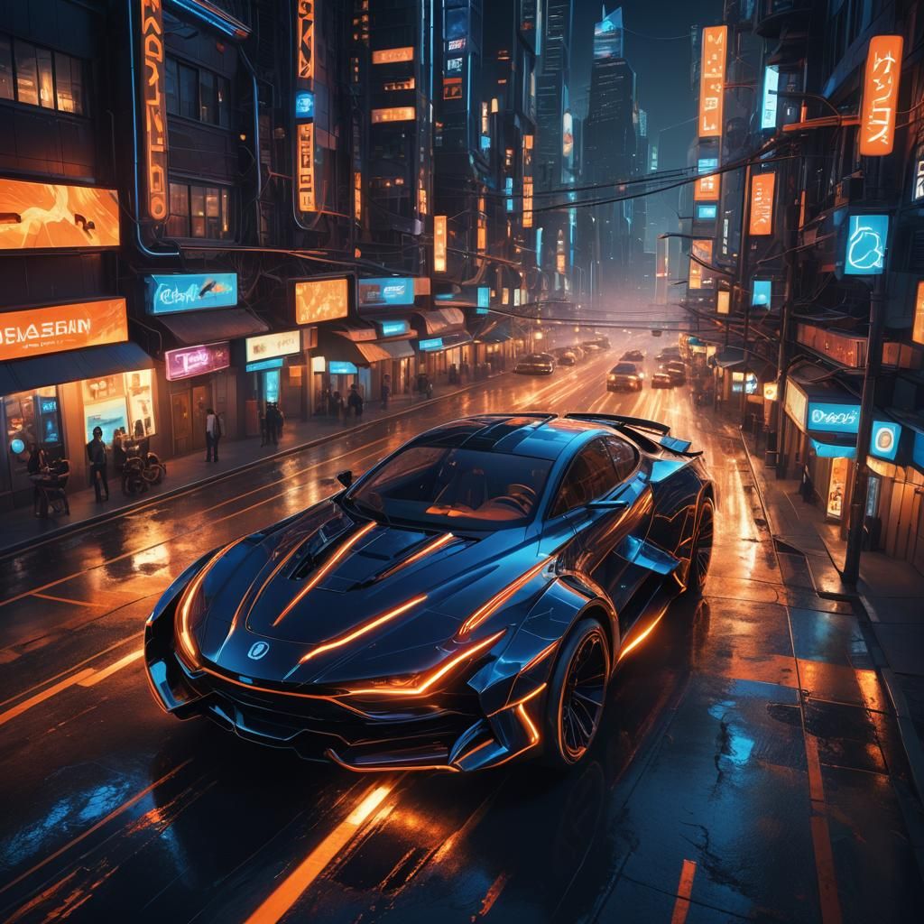 Futuristic AI Car Speeds Through Neon City Night in Cyberpun...