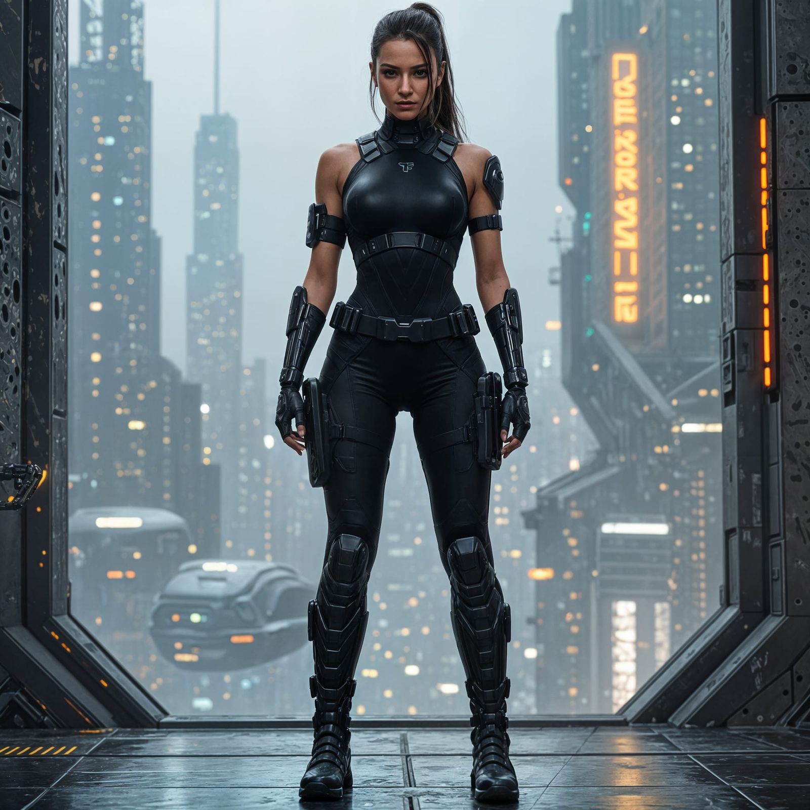 Cybernetic Warrior Stands Guard Over City