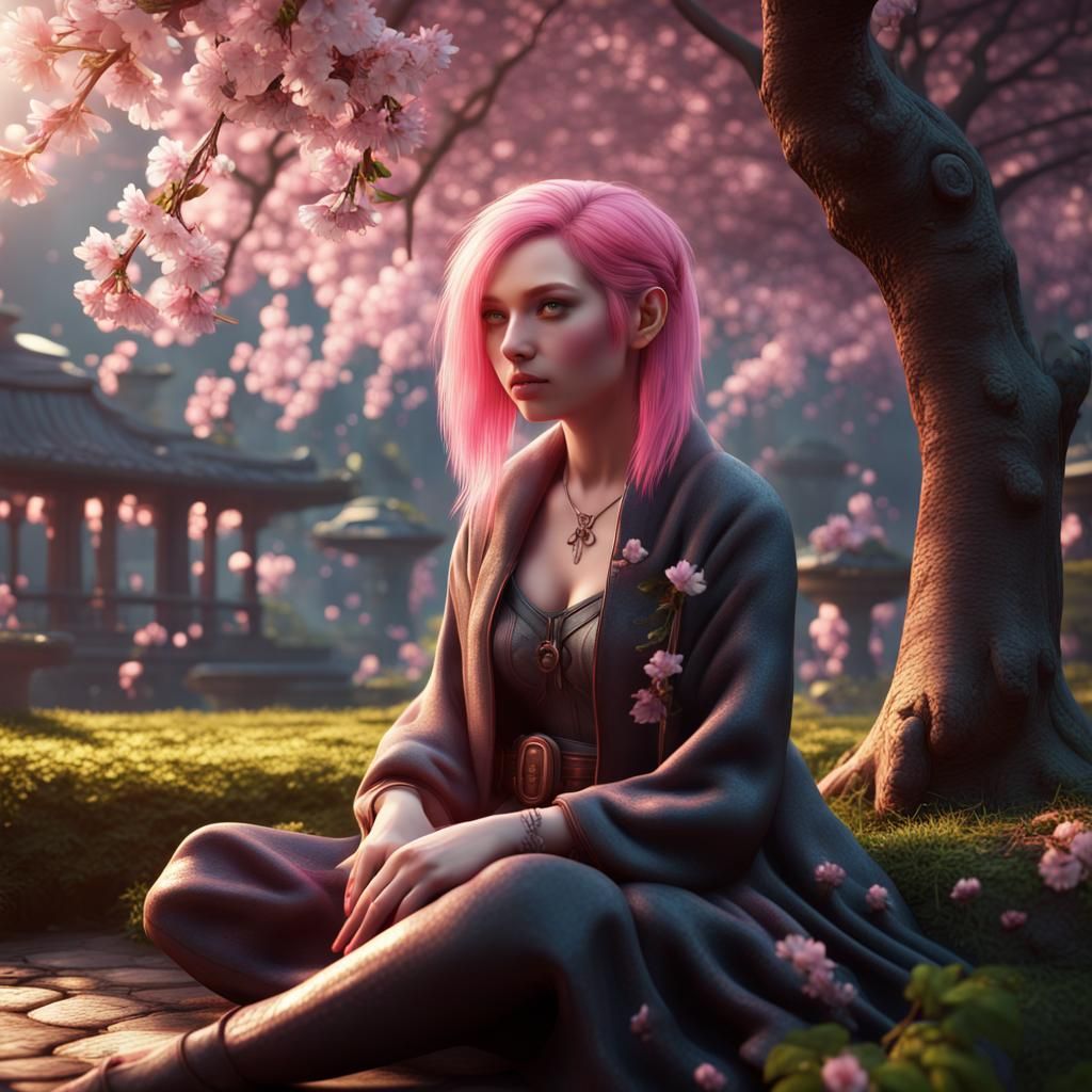 Pink-Haired Woman in Cherry Blossom Garden: Digital Art