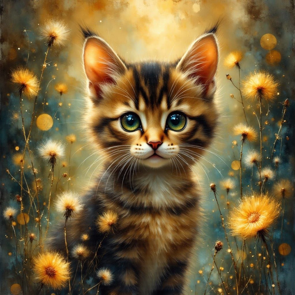 Kitten Portrait in Dreamscape Charcoal and Ink Style