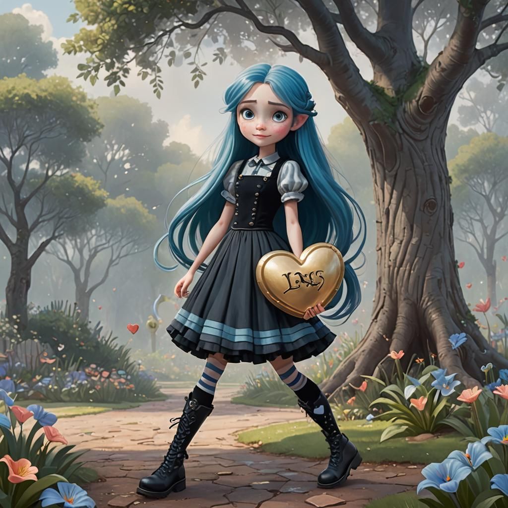 Whimsical Girl with Heart in Misty Lily Garden