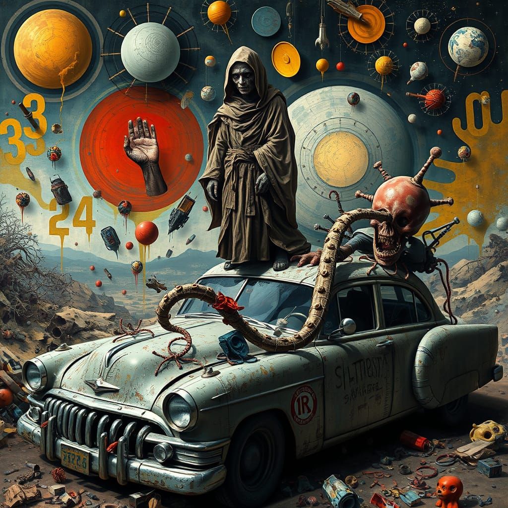 Distorted Monk on Surreal Car, in Abstract Style