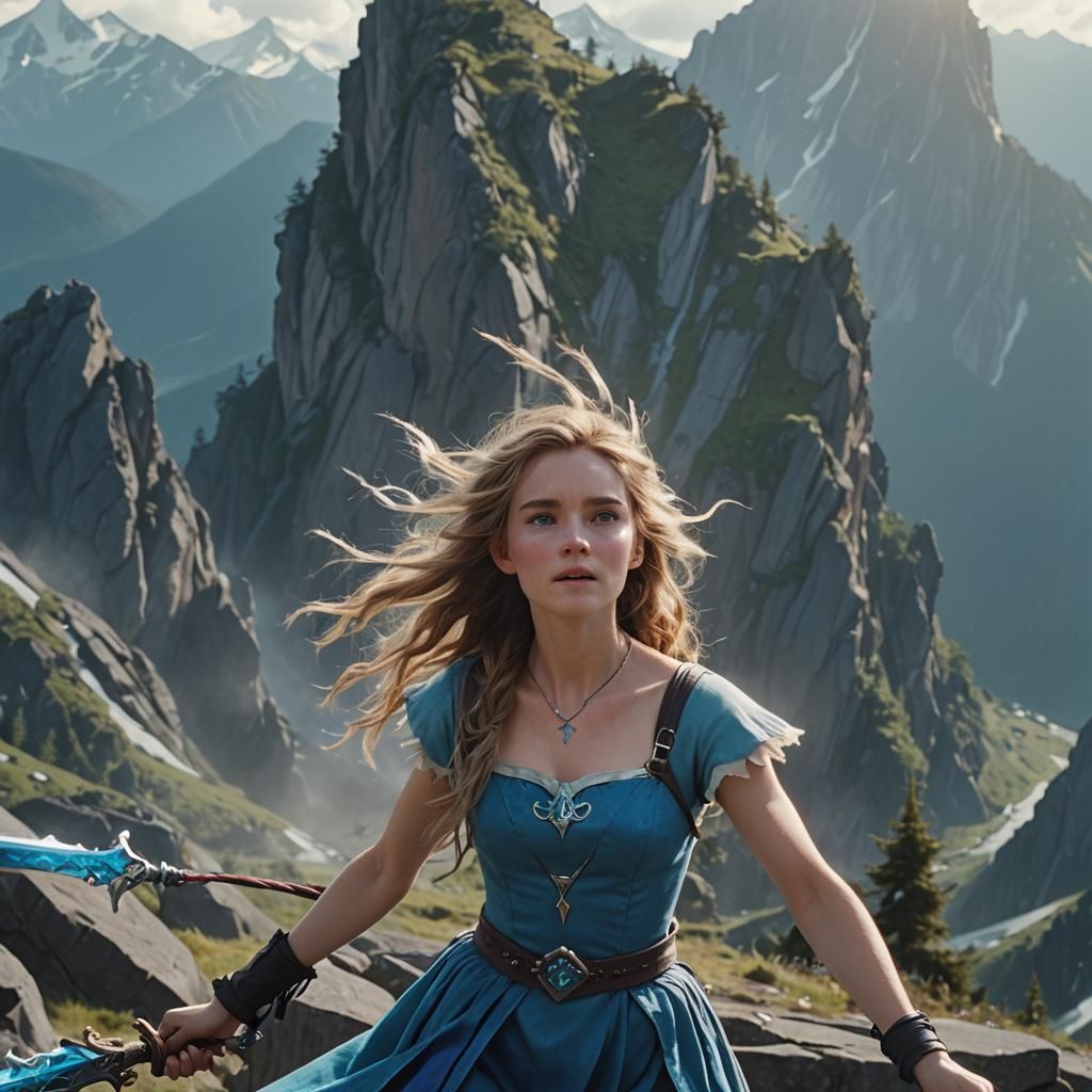 Ventara on Wind-Swept Peak: Cinematic Film Still