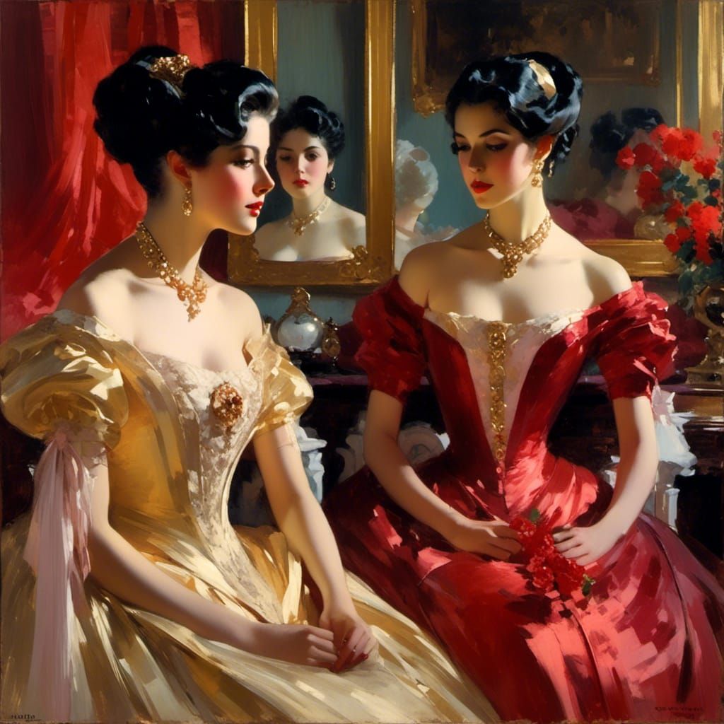Victorian Women in Light Gold and Crimson