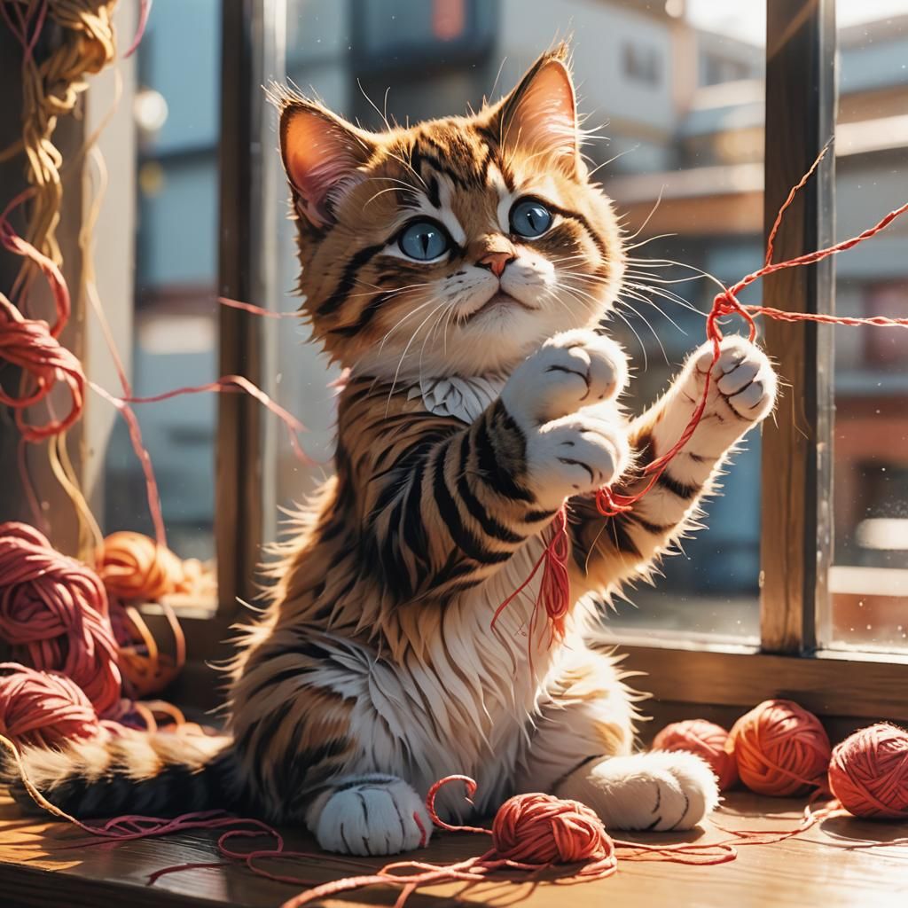 Baby Cat Plays with Yarn: Vibrant Anime Style
