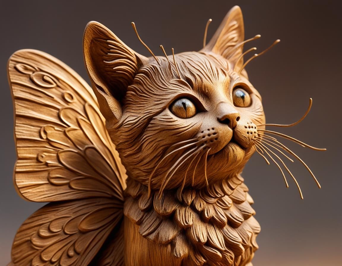Detailed Wooden Sculpture of Kitten with Butterfly