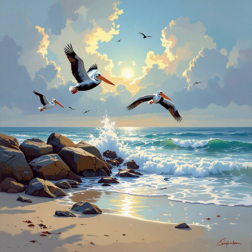 Pelicans Flying Over Jetty Rocks in Marine Art Style