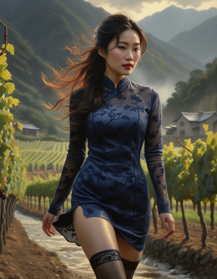 Ethereal Korean Woman Strolls Through Vineyard in Chiaroscur...
