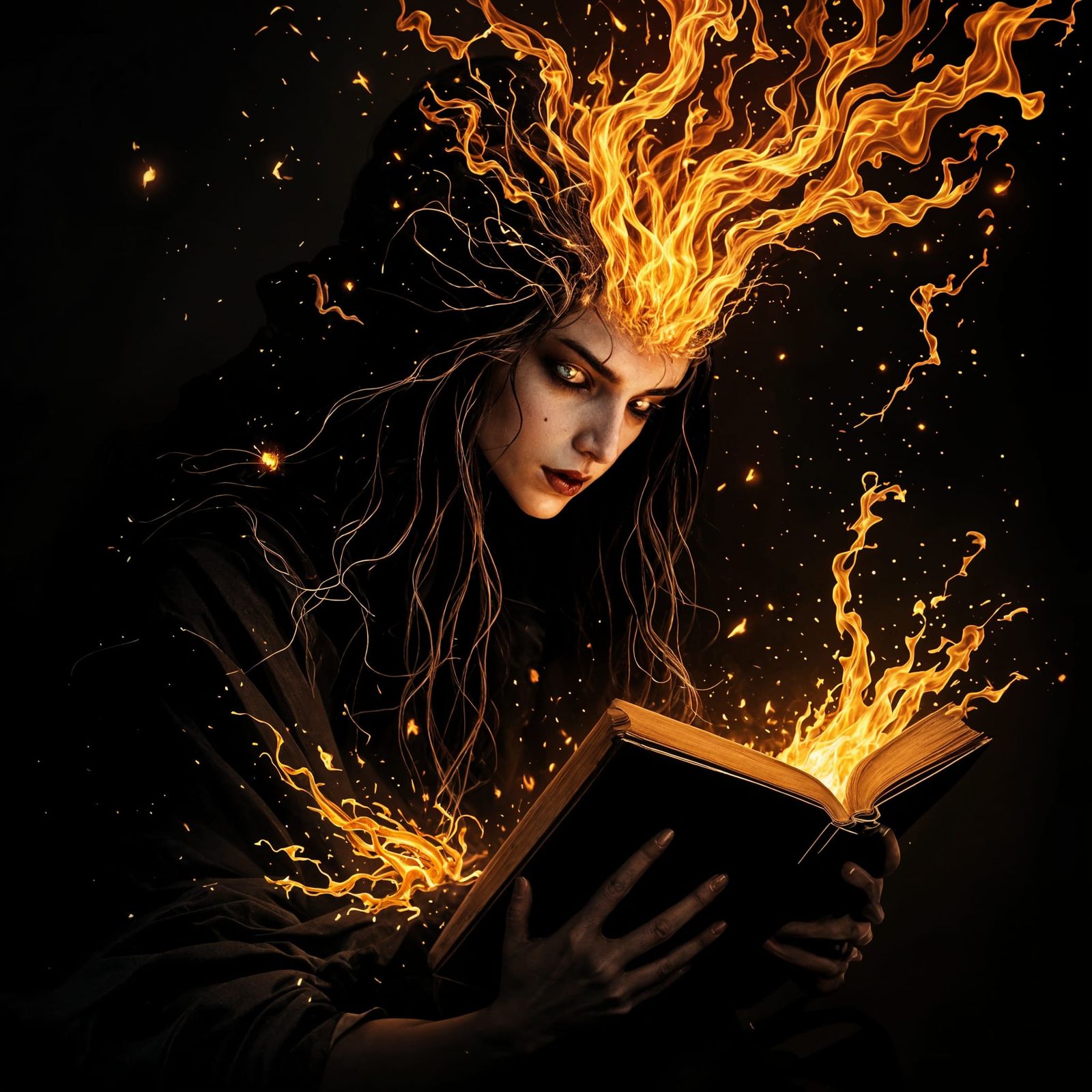Mysterious Sorceress of Flames in Dark, Foreboding Shadows